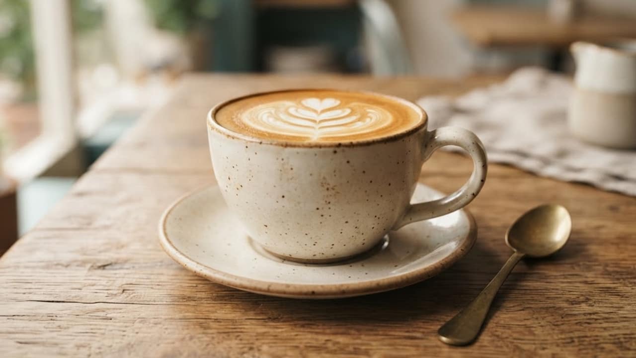 Paused frame: a latte on a wooden counter in Harbor Coffee's fall menu video